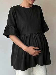 Dazy Maternity 純色小圓領寬鬆拼接抓皺短袖孕婦T恤，適合日常穿著，春夏款，黑色 - 黑色 - 查看 1