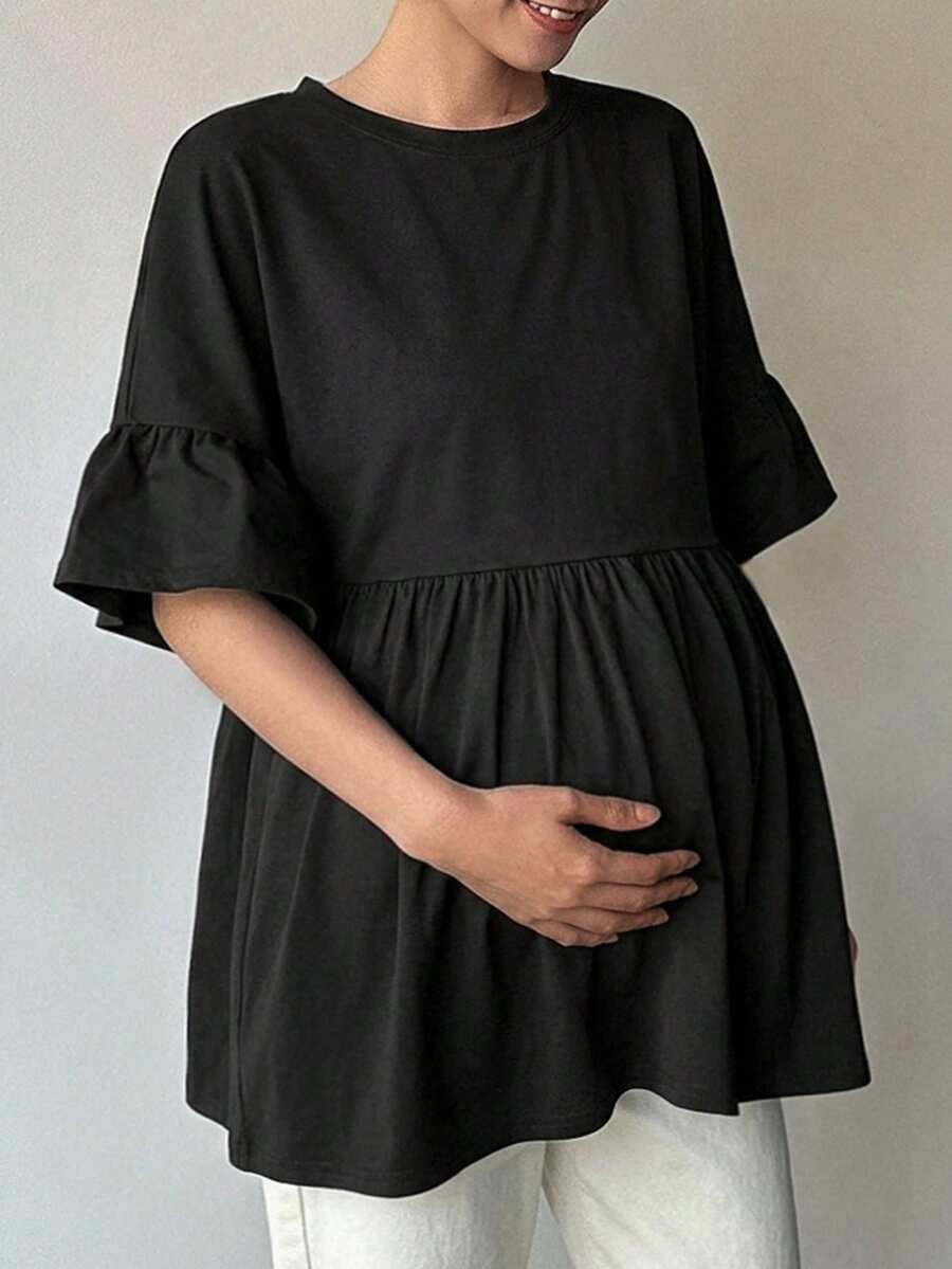 Dazy Maternity 純色小圓領寬鬆拼接抓皺短袖孕婦T恤，適合日常穿著，春夏款，黑色 - 黑色 - 查看 1