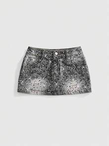 ROMWE Grunge Punk Summer Outfits Music Festival Style Ultra Low Waist Mini Denim Skirt For Women - Grey - View 1