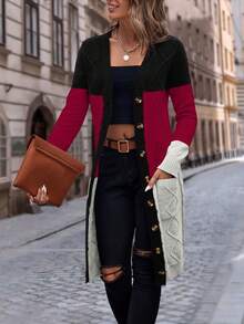 EMERY ROSE Cárdigan casual de bloques de color y patchwork para otoño/invierno - Multicolor - Ver 1