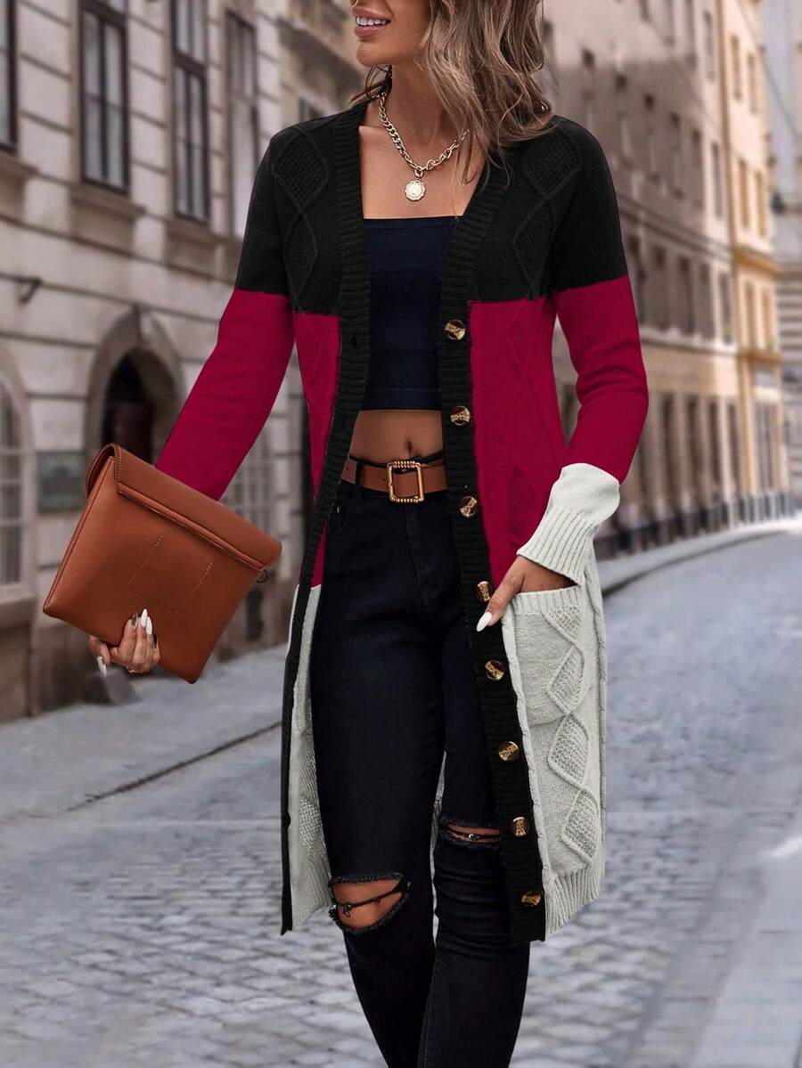 EMERY ROSE Cárdigan casual de bloques de color y patchwork para otoño/invierno - Multicolor - Ver 1