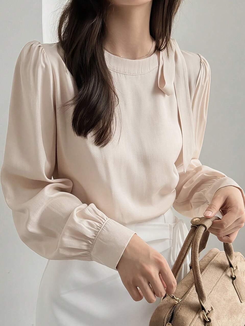 Solid Color Fitted Round Neck Long Sleeve Bowknot Elegant Formal Spring Autumn Women's Blouse