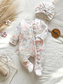 SHEIN Vintaside Kids 秋冬新生兒蝴蝶結復古花卉印花可愛嬰兒連身衣+帽子 - 淺粉色 - 查看 3