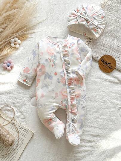 SHEIN Vintaside Kids Newborn Baby Girls Vintage Floral Print Cute Long Sleeve Jumpsuits