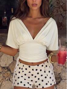 Privoire Fashionable & Elegant V-Neck Ruched Waist Summer Knit T-Shirt For Women - Apricot - View 13