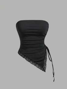 SHEIN MOD 2件組女款蕾絲拼接百褶休閒百搭日常外出抹胸上衣 - 黑與白 - 查看 9