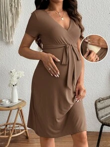 SHEIN 孕婦純色V領哺乳功能休閒日常穿著洋裝 - 棕色 - 查看 1