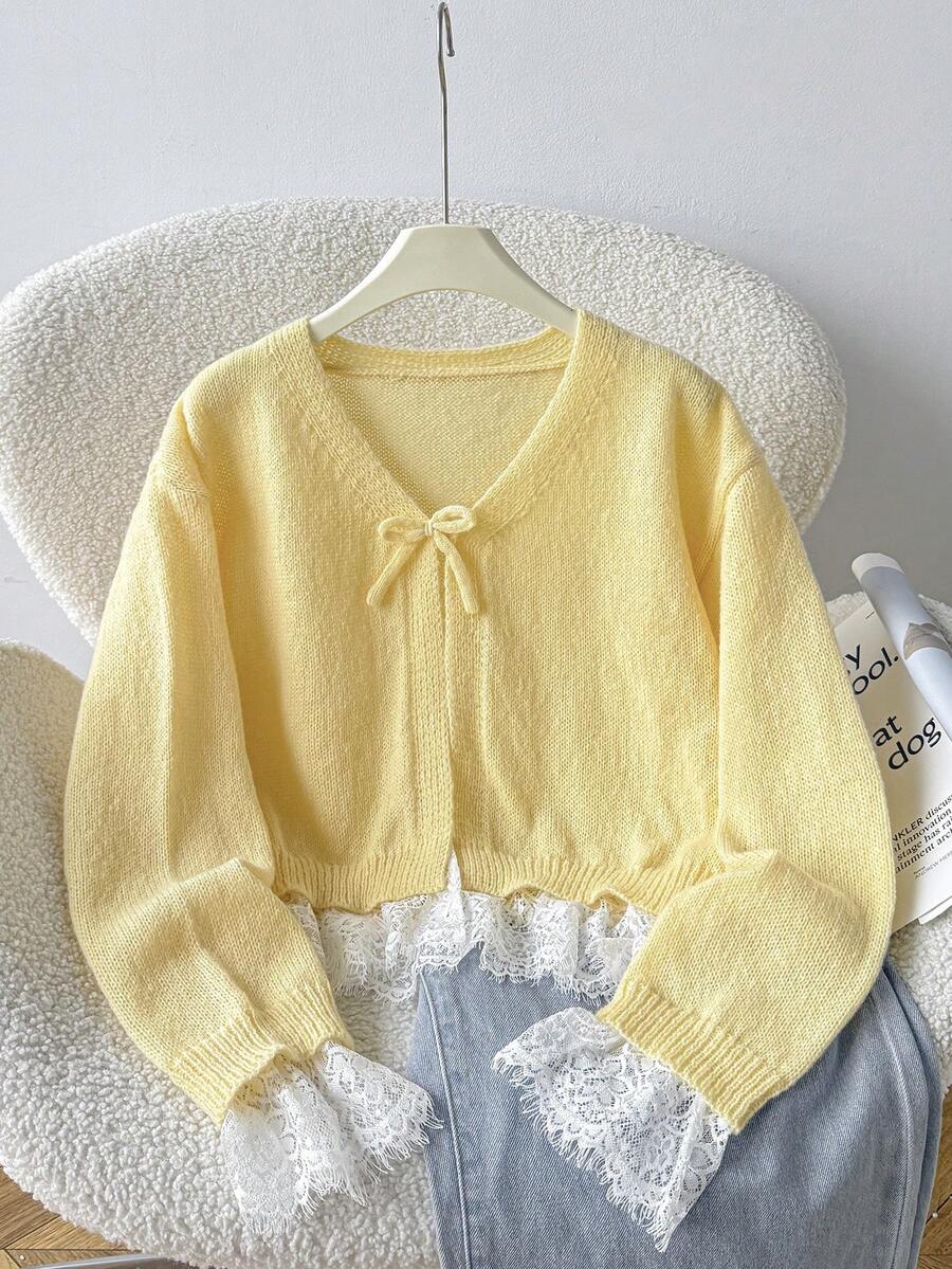 SHEIN Tween女孩淺黃色對比蕾絲飾邊針織開襟衫 秋冬穿搭 - 黃色 - 查看 1