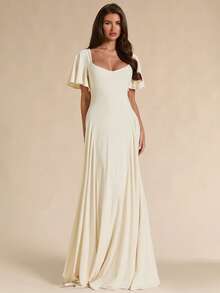 SHEIN BAE Spring/Summer Solid Cream White Square Neck Ruffle Sleeve A-Line Flared Maxi Dress Christening Elegant - Apricot - View 4