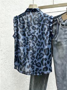 SHEIN Franclia Kemeja Tanpa Lengan Chiffon Motif Leopard Vintage, Musim Panas - Biru - View 2