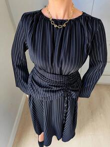 SHEIN Tall CURVE 大尺碼女款條紋百褶休閒端莊保守優雅極簡日常正式雞尾酒會辦公室教師節洋裝 海軍藍 秋季 - 藏蓝色 - 查看 7