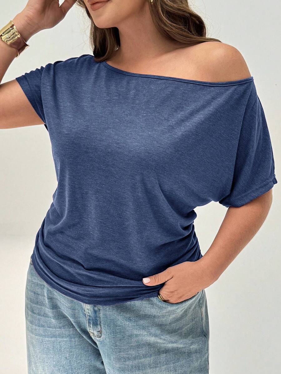 SHEIN Essnce 大尺碼休閒紫色露肩夏季上衣 度假穿搭 - 霧霾藍 - 查看 1