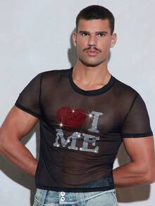 FeverCity Men's Rhinestone Letter Mesh Crew Neck Short Sleeve Top - Black - View 4