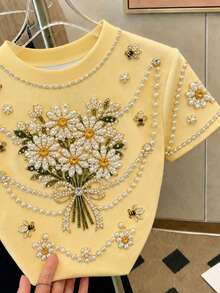 Resyla Kaos Wanita Lengan Pendek Leher Bulat Berhiaskan Mutiara Elegan untuk Musim Panas - Aprikot - View 4