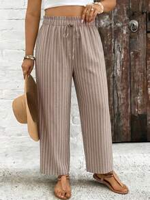 EMERY ROSE Striped Pattern Comfortable Fabric Plus Size Women's Striped Loose Casual Pants With Drawstring Waist And Ruffle Hem Fall - Multicolor - View 4