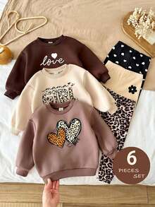 SHEIN Baby Girl 6pcs Knit Solid Color Leopard Print Letter Pattern Crew Neck Sweatshirt & Long Autumn Pants Set, Fleece Lined Thick , Suitable For Winter - Multicolor - View 9