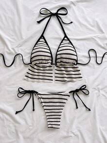 Soleia Women's Summer Beach White Halter Tie Sexy Coastal Bikini Swimwear Set - Multicolor - View 3