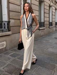 Pariaura Lazy High-End Elegant Printed Halter Neck Tank Top Women's Summer Design Tie-Up Minimalist Sexy Elegant Shirt - Apricot - View 1