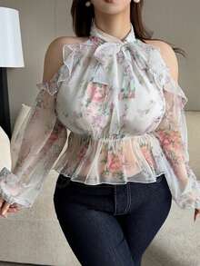 Dazy Plus Áo blouse nữ size lớn xuân/hè cổ nửa cao, hở vai, họa tiết hoa toàn thân gợi cảm ngọt ngào, gấu bèo nhún và phối patchwork - trắng - Xem 6