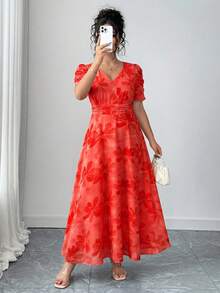 Elenzga Vestido midi de verano talla grande con estampado floral rojo, cuello en V, mangas fruncidas, cintura ceñida y detalle de lazo, manga corta, vestido elegante para vacaciones y uso casual, adecuado para vacaciones en la playa y regalo de despedida de soltera - Rojo - Ver 5