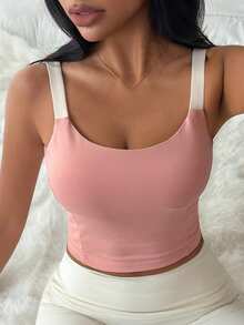 DAZY Contrast Color Shoulder Strap Padded Cropped Sports Bra For Women - Pink - View 4
