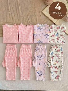 SHEIN 女童 4 件組針織花朵愛心波點圖案荷葉領休閒 T 恤套裝，厚實面料，適合秋冬 - 彩色 - 查看 8