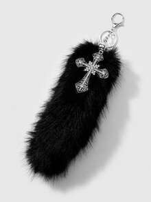 ROMWE Goth 1 Y2k Punk Dark Wind Black Simulation Wolf-Tailed Raccoon Tail Rhinestone Cross Decoration DIY Keychain Bag Pendant, Suitable For Girls To Wear - Black-59 - View 4