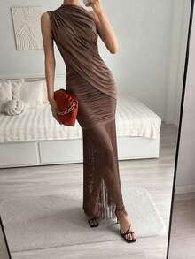 Modelyn Women's Summer Elegant Solid Color Ruched Tassel Hem Midi Dress - Coffee - View 6
