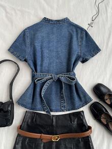 Attitoon Women's Summer Casual Short Sleeve Tie Waist Denim Top Fall Clothes Back To School Going Out Top Elegant Blouse Women Casual Blouses For Women - Medium Wash - View 2