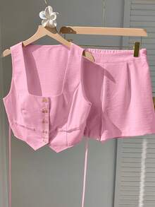 Comfortcana Women's Light Pink Open Front Vest And Shorts 2 Pieces Set Brunch Summer Elegant - Baby Pink - View 4
