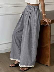 DAZY Women's Elastic Waist Plaid Casual Versatile Daily Wear Wide Leg Long Pants Fall - Blue - View 5