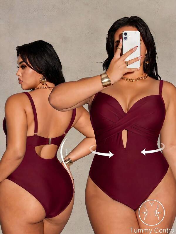 Shapewave Traje de baño de una pieza con fruncido de unicolor para mujer de talla grande, adecuado para vacaciones en la playa, fiesta en la piscina, fiesta en la playa