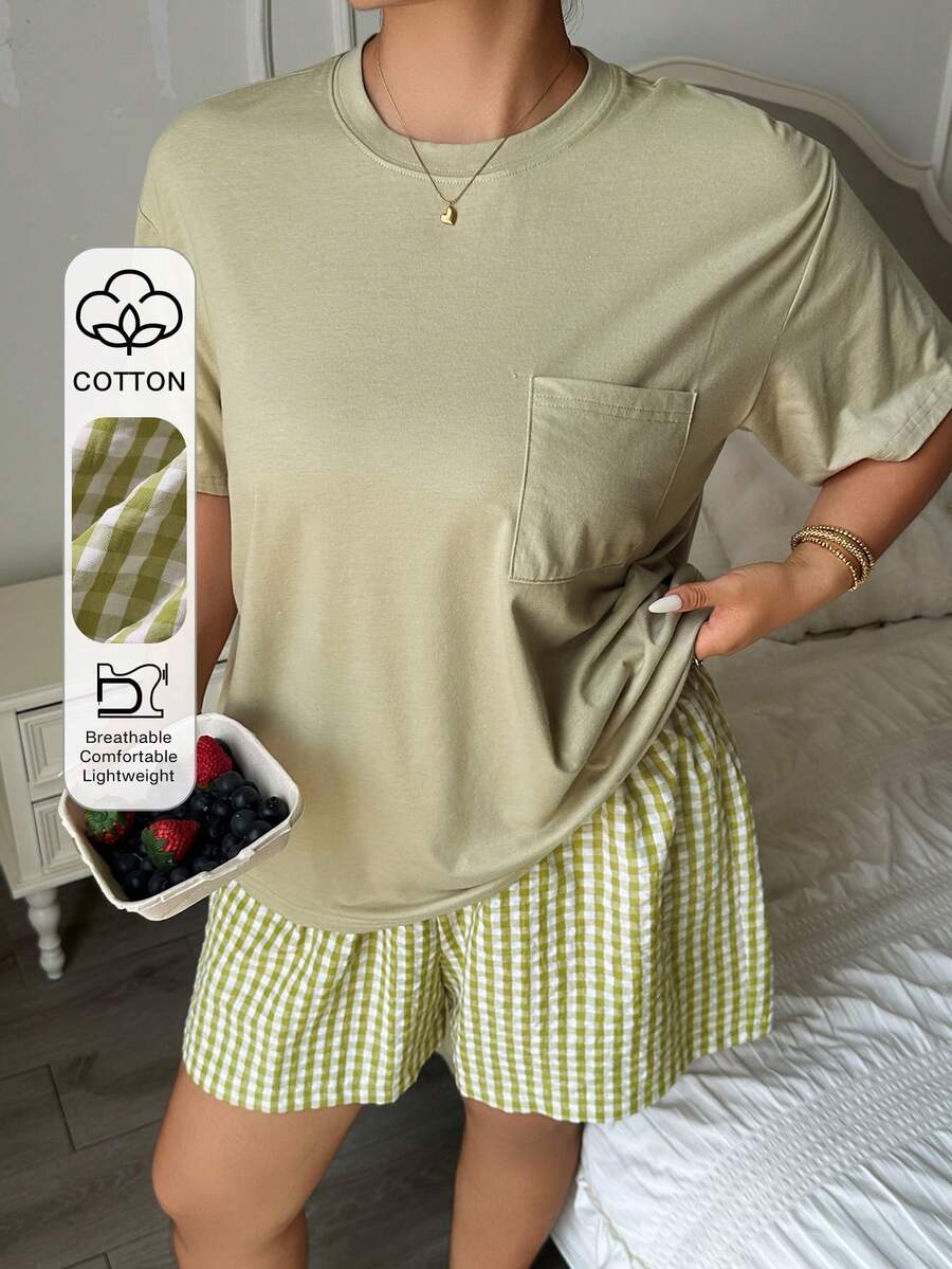 Dazy Plus 2pcs Casual Home Wear Set, Solid Color Round Neck Short Sleeve Top & Plaid Short Loose Pajama Pants, Plus Size Women's Spring/Summer Sleepwear Set - Green - View 1