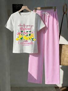 Comfortcana 2件組刺繡圓領短袖上衣與條紋印花長褲，休閒風 - 彩色 - 查看 3
