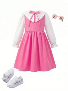 SHEIN Young Girl Young Girl College Style Colorblock Peter Pan Collar Long Sleeve Dress - Pink - View 6