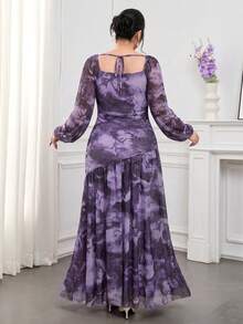 Modelyn Rochie elegantă pentru femei mărimi mari, tie-dye, cu decolteu pătrat, mânecă lanternă, talie și decorațiune metalică - Violet - View 2