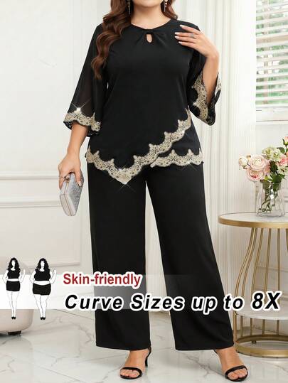 SHEIN CURVE+ 大尺碼女款兩件套，拼接長袖上衣與長褲，休閒日常穿著襯衫與長褲套裝，正式女裝半正式套裝，女款上衣與長褲優雅套裝，女款套裝，長褲與上衣特殊場合穿著