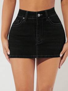 Selenza Petite Women Denim Skirts Tombol Kantong Zip Plain - Hitam - View 4