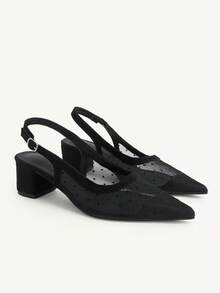CUCCOO CHICEST French Polka Dot Mesh Pointed Shoes Thick Heel Back Strap Design Gentle Polka Dot High Heel Shoes - Black - View 1