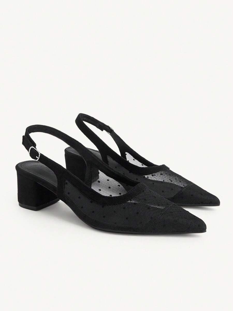 CUCCOO CHICEST French Polka Dot Mesh Pointed Shoes Thick Heel Back Strap Design Gentle Polka Dot High Heel Shoes - Black - View 1
