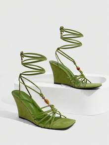 CUCCOO SZL Ladies Fashion Elegant Party, Thick Heel Wedge, Square Toe Kink, Lace-Up Beaded Sandals - Green - View 1