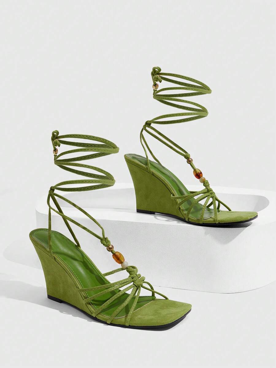 CUCCOO SZL Ladies Fashion Elegant Party, Thick Heel Wedge, Square Toe Kink, Lace-Up Beaded Sandals - Green - View 1