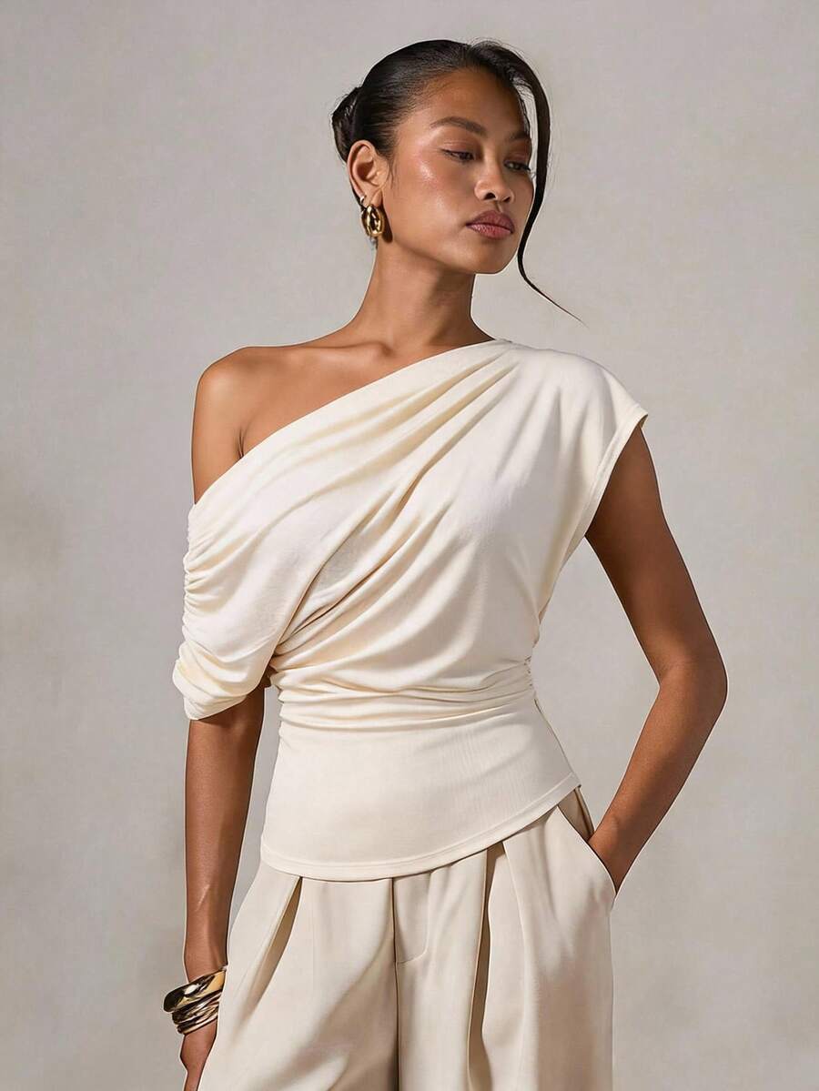 COSMINA Women's Solid Color Asymmetric Shoulder Ruched Fitted Fashion Top Brunch Going Out Cream White Summer French Elegant - Cream - View 1