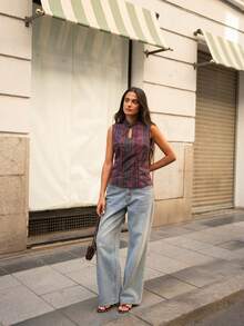 Nöista Plaid Mandarin Collar Top With Keyhole Neckline For Going Out And Vacation Styling. - Purple - View 7