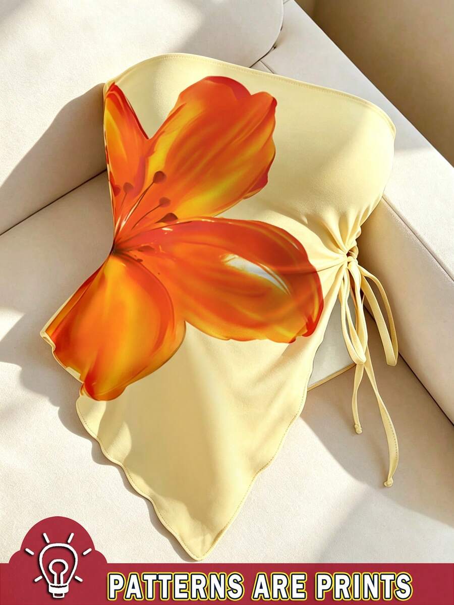 Resyla 女士花卉印花抽绳不对称下摆无袖吊带背心 - 彩色 - 查看 1