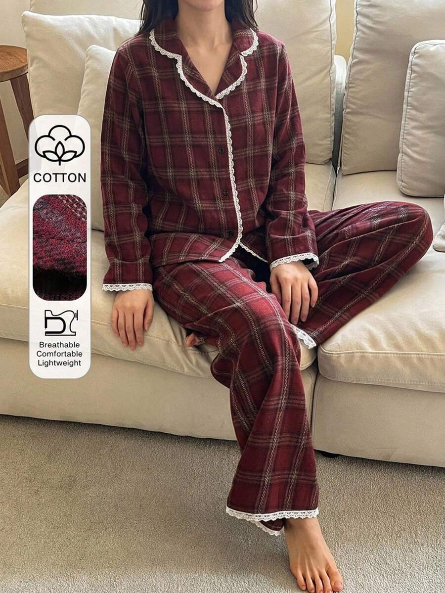 DAZY طقم بيجامة صيفي للنساء 2 قطعة/مجموعة، ملابس علوية كارديجان بأكمام قصيرة بنقشة مربعات وبنطال طويل مستقيم فضفاض - الأحمر - مشاهدة 1