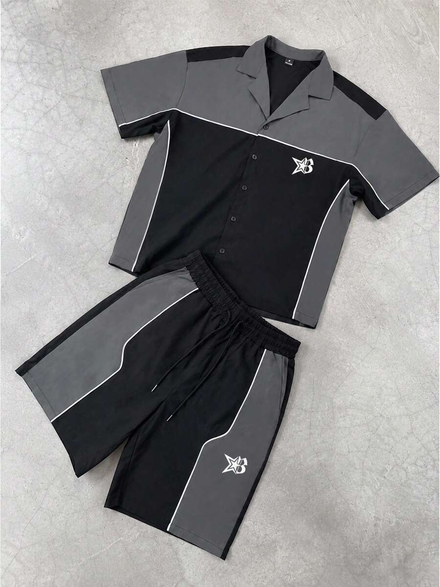 Manfinity Roghcode 男士休閒梭織襯衫短褲兩件套,星星印花,領鈕扣襯衫搭配鬆緊腰抽繩短褲,美式復古運動風,高街品牌風,90年代復古,現代街頭極簡線條設計,簡約百搭,適合日常通勤、戶外、休閒運動,度假禮物 - 黑色 - 查看 1