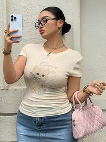 Dazy Plus Spring Summer Plus Size Women's Fitted Slim Fit Cute Cat Pattern Animal Print Cap Sleeve White T-Shirt Graphic Tees - Beige - View 2