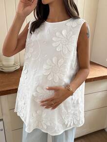 Dazy Maternity White Maternity Tank Top Camisole With Small Round Neck, 3D Floral Decor, Sleeveless, Loose Fit, Elegant Romance Summer Babyshower - White - View 5