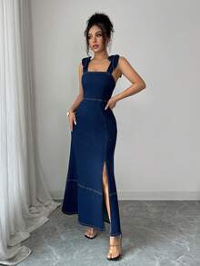 SHEIN Clasi 女款休閒修身派對通勤時尚開衩肩帶深色牛仔洋裝 - 深色水洗藍 - 查看 4